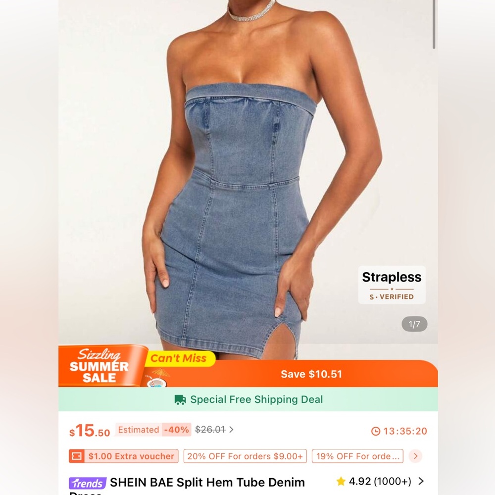SHEIN Blue Strapless denim Dress